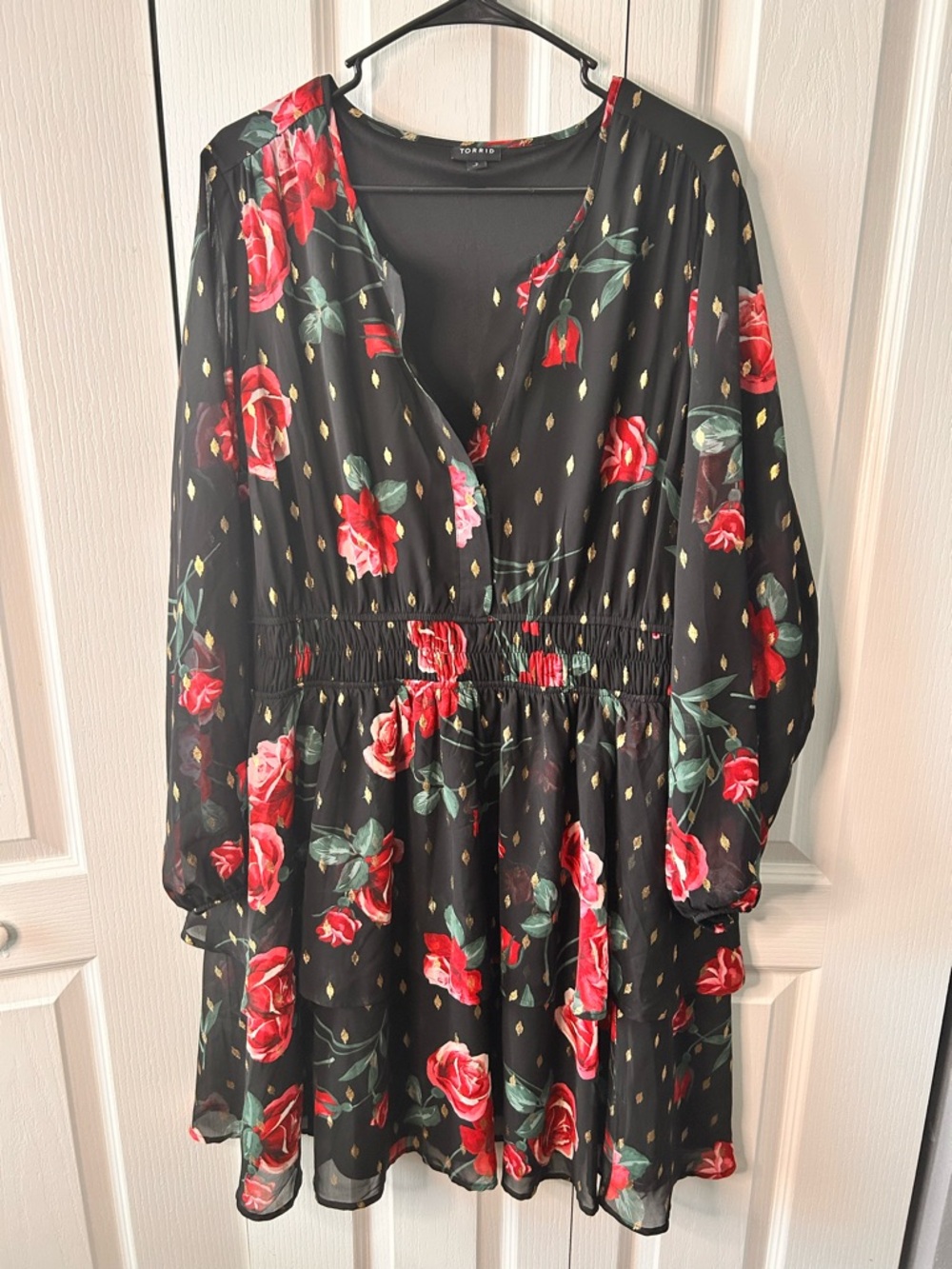 Torrid Women’s Size 2X 18-20 Floral Black Red Smocked Waist Tiered Mini Dress
